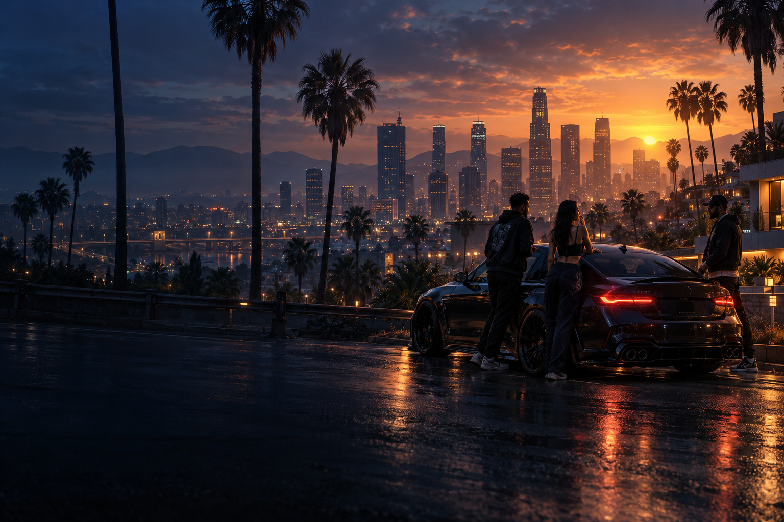 Cinematic artwork of a palm-lined city street, a custom car and its crew at dusk