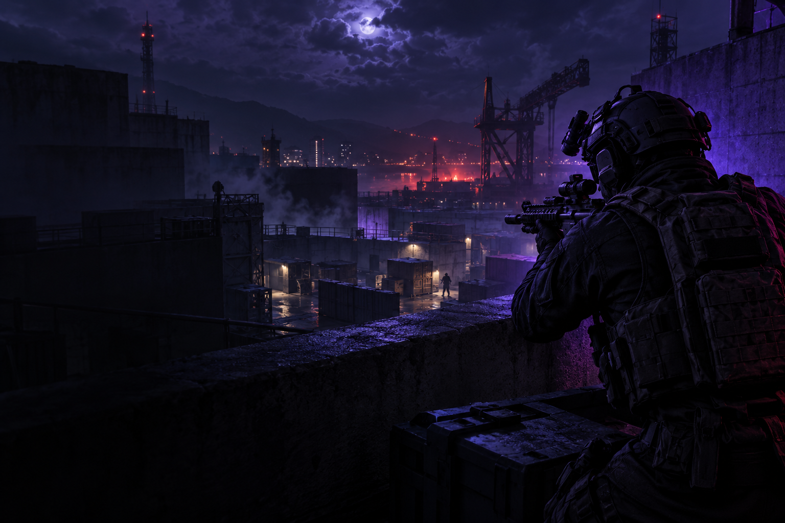 Cinematic artwork of a tactical player in a violet-lit urban combat arena